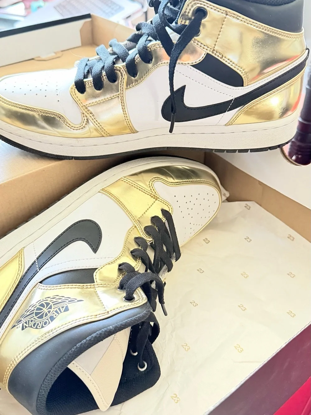 Jordan 1 Mid Men’s Metallic Gold & Black Athletic Sneakers